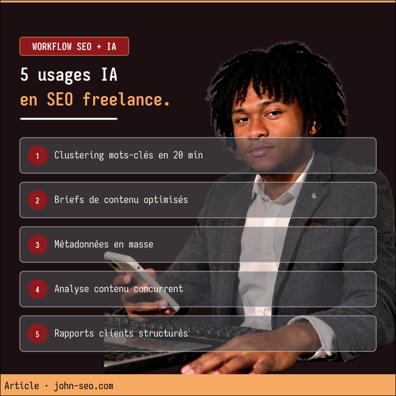 5 usages de l'IA en SEO freelance 2026 — workflow ChatGPT Claude Perplexity par John SEO Madagascar